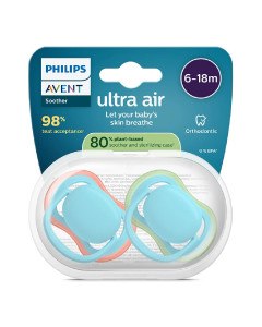 Suzete Ultra Air, 6-18 luni, SCF087/10, Albastru/Verde, 2 bucati, Philips Avent