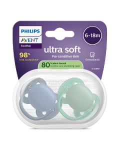 Suzete Ultra Soft, 6-18 luni, SCF091/42, Albastru/Verde, 2 bucati, Philips Avent
