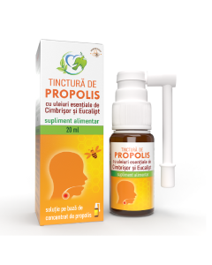 Tinctura de propolis cu uleiuri esentiale de cimbrisor si eucalipt, 20 ml, Justin Pharma