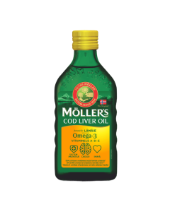 Cod liver oil Omega 3 cu aroma de lamaie, 250ml, Moller's