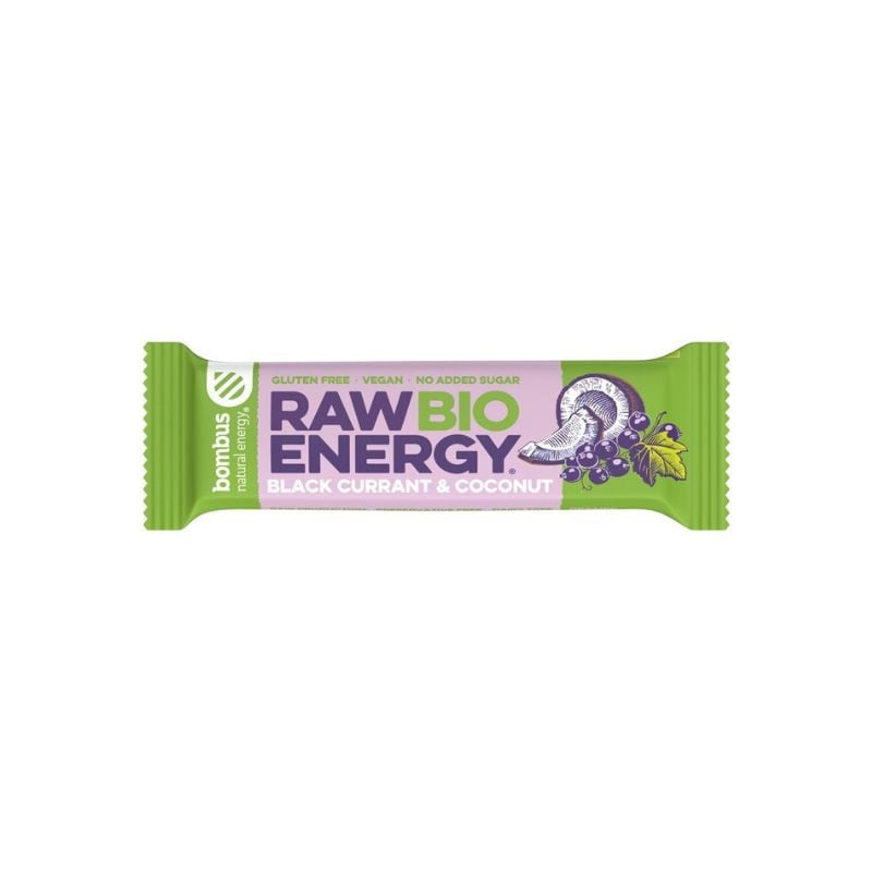 Baton energizant Raw Energy, cu coacaze negre si nuca de cocos, 50g, Bombus