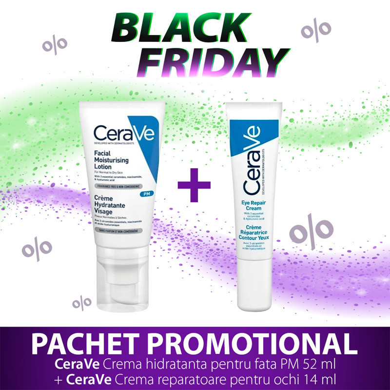 BF Pachet CeraVe Crema ten normal uscat 52ml + Crema ochi 14ml, 1+1-75%