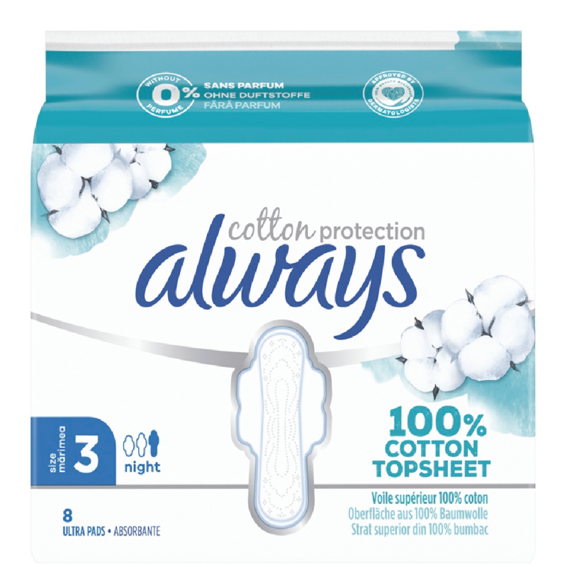 Absorbante din bumbac Cotton Protection, Night, Marimea 3, 8 bucati, Always