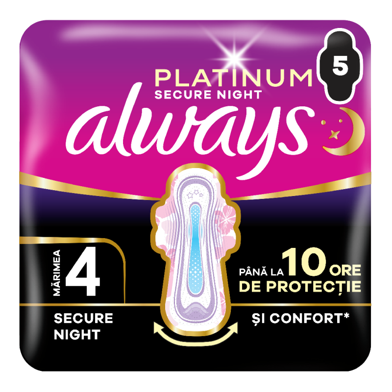 Absorbante Platinum Secure Night, marimea 4, 5 bucati, Always
