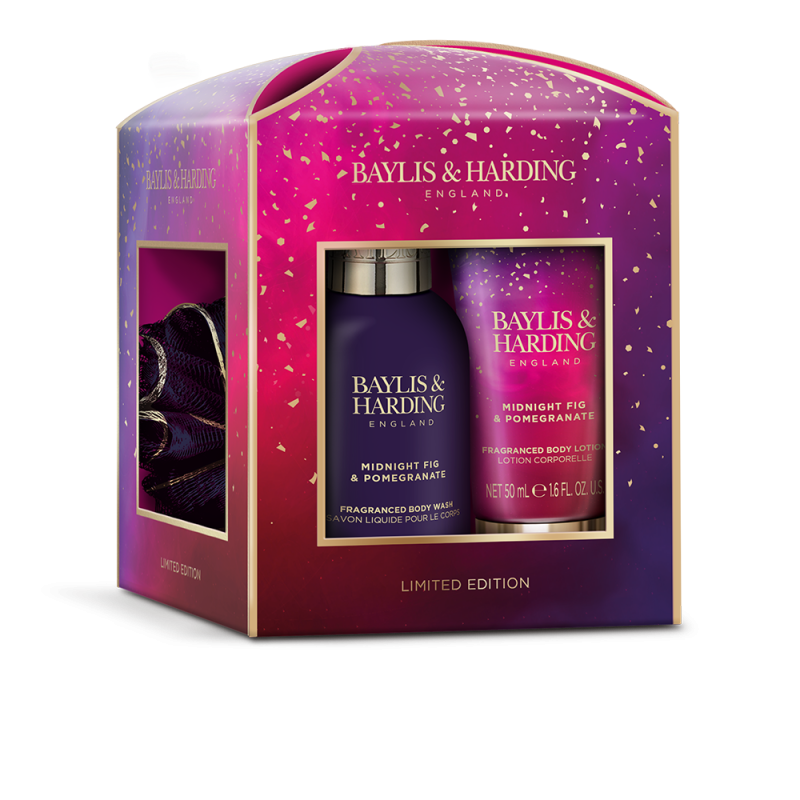 Baylis & Harding, Set cu smochine si rodie, Burete de baie, gel de dus si lotiune de corp