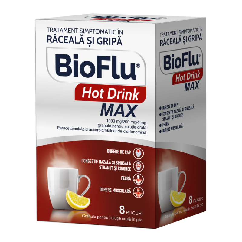Bioflu Hot Drink Max, 1000 mg/200 mg/4 mg granule pentru suspensie orala, 8 plicuri, Biofarm
