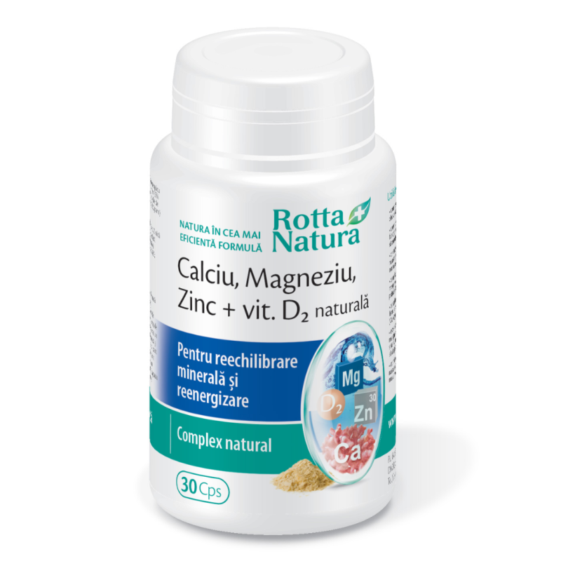 Calciu, magneziu, zinc, vitamina D2 naturala, 30 capsule, Rotta Natura