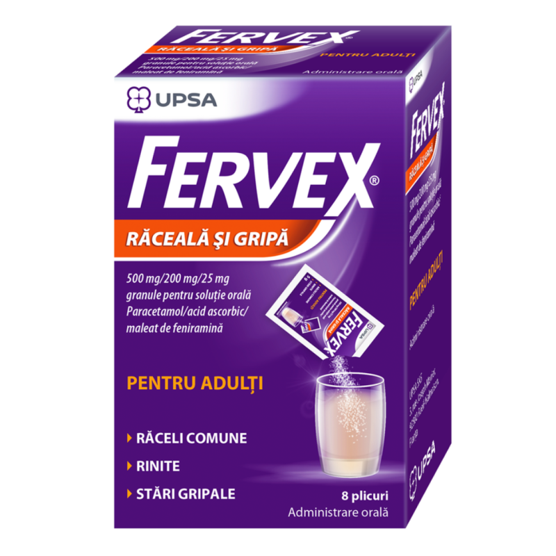 Fervex Raceala si Gripa pentru adulti, 500mg/200mg/25mg, 8 plicuri, Upsa