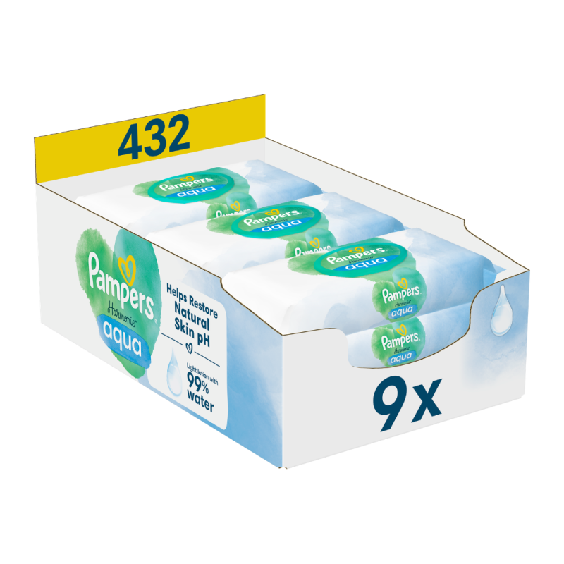 Servetele umede Harmonie Aqua, 9 pachete*48 bucati, Pampers