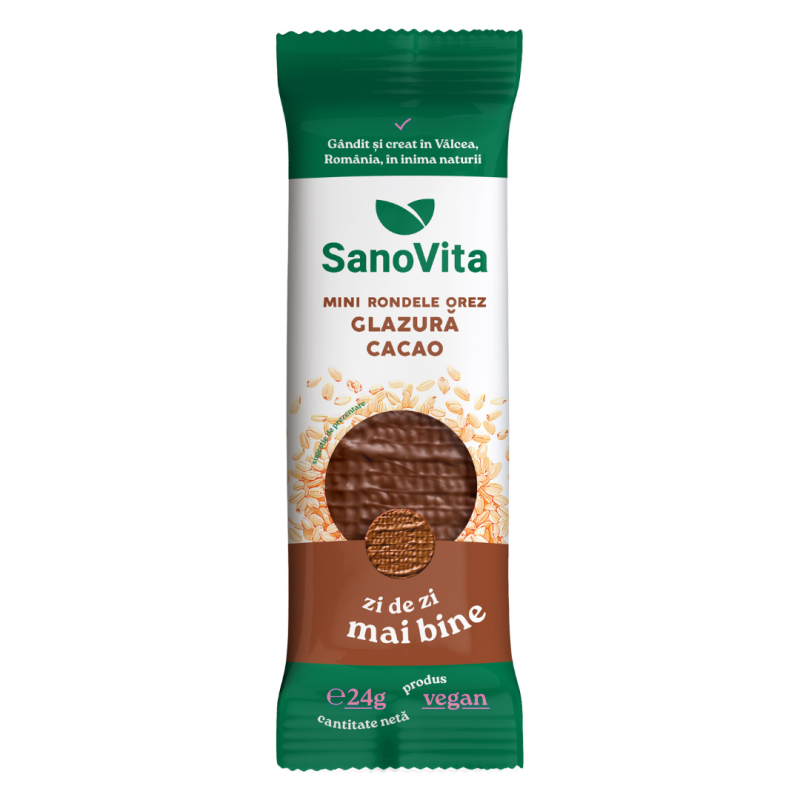 Mini rondele din orez cu glazura de cacao, 24 g, Sanovita
