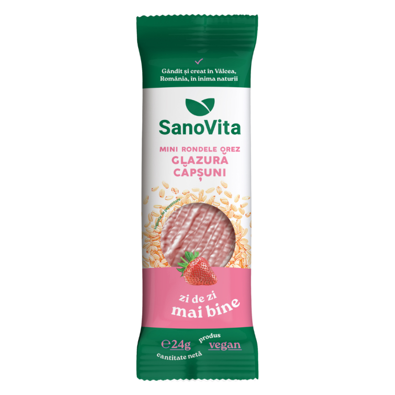 Mini rondele din orez cu glazura de capsuni, 24 g, Sanovita