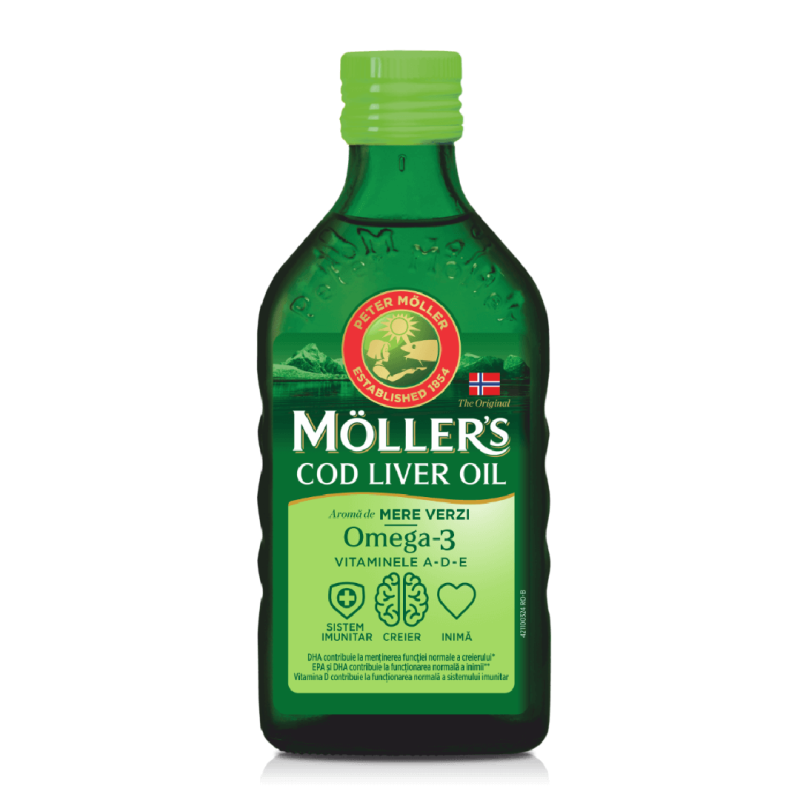 Round Omega Cod Cod liver oil Omega-3 aroma de mere verzi, 250ml, Moller's