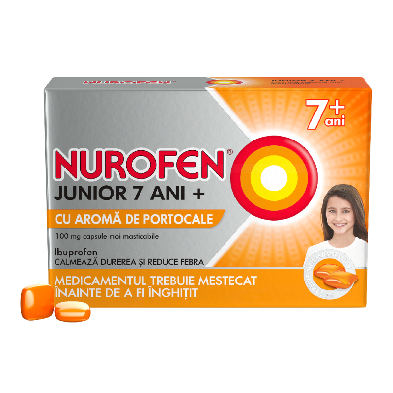 Nurofen Junior cu aroma de portocale 7+ ani, 100 mg, 24 capsule moi masticabile, Reckitt
