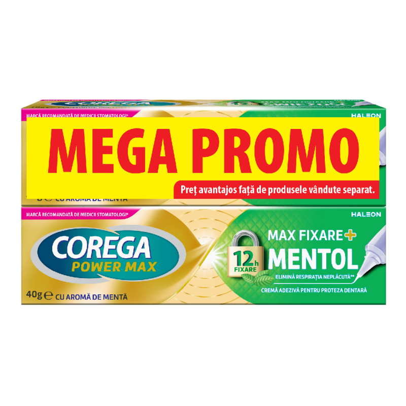Pachet Crema adeziva pentru proteza dentara Max Fixare + Mentol Corega, 2*40 g, Haleon
