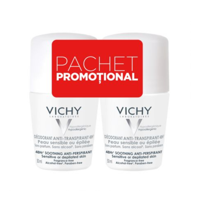 Pachet Deodorant roll-on antiperspirant fara parfum 48h, 50 ml + 50 ml, Vichy