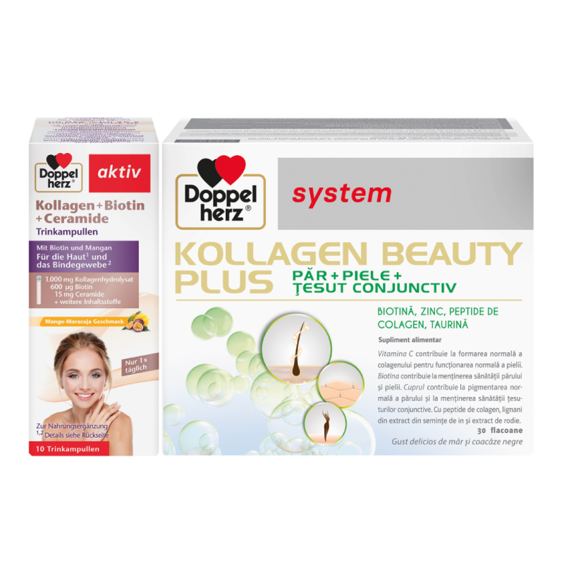 Pachet Kollagen Beauty Plus*30 flacoane și Kollagen+Biotină+Ceramide*10 ...