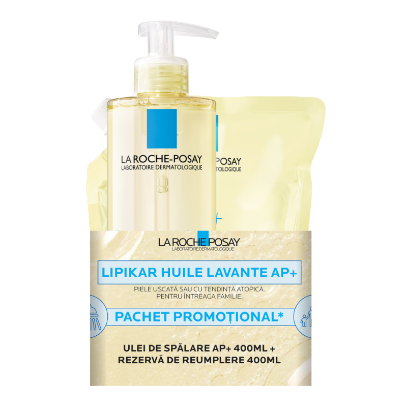 Pachet Ulei de dus hidratant AP+ Lipikar, 400 ml + Rezerva, 400 ml, La Roche-Posay