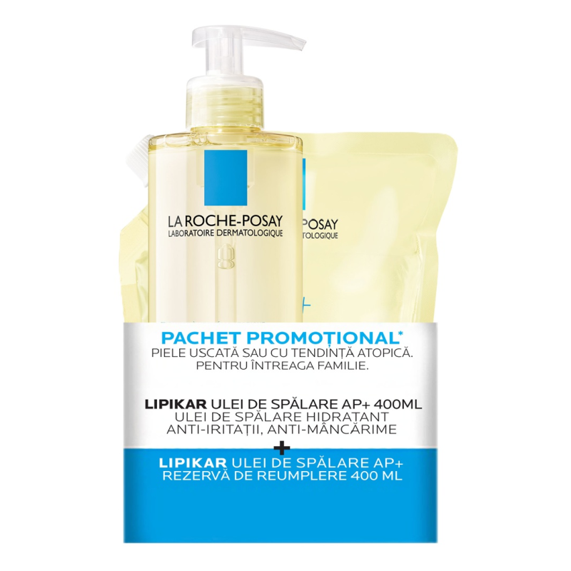 Pachet Ulei de dus hidratant AP+ Lipikar, 400 ml + Rezerva, 400 ml, La Roche-Posay