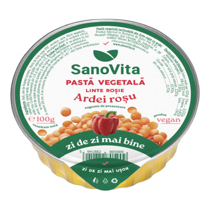 Pasta Vegetala Tartinabila din linte rosie cu ardei si ceapa,100 g, Sanovita