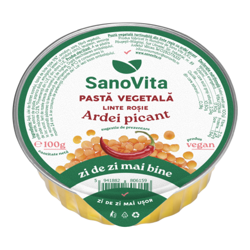 Pasta vegetala tartinabila din linte rosie cu ardei picant, 100 g, Sanovita