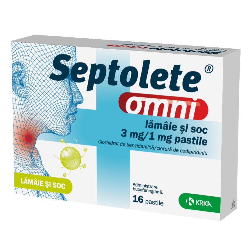 Septolete omni lamaie si soc, 3 mg/1 mg, 16 pastile, Krka
