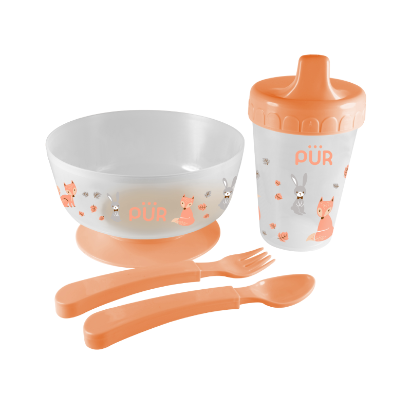 Set pentru masa bol cu tacamuri si cana, portocaliu, +6 Luni, PUR