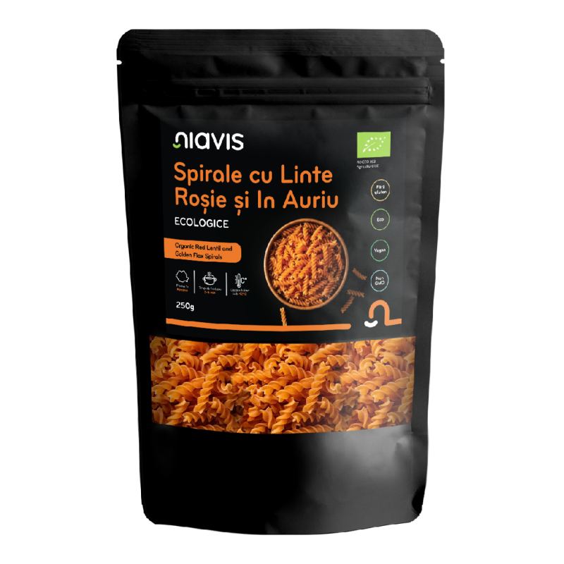 Spirale Bio cu linte rosie si in auriu, 250 g, Niavis