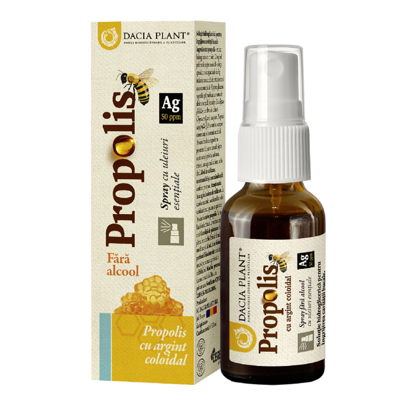 Spray Propolis cu Argint coloidal fara alcool, 20 ml, Dacia Plant