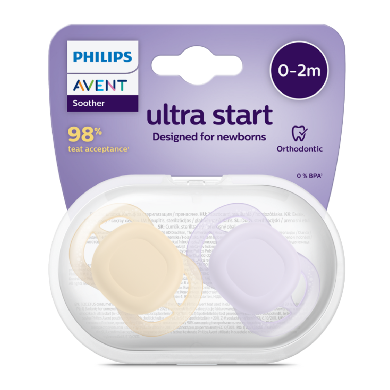 Suzete Ultra Start, SCF075/01, Mov/Portocaliu, 0-2 luni, 2 bucati, Philips Avent
