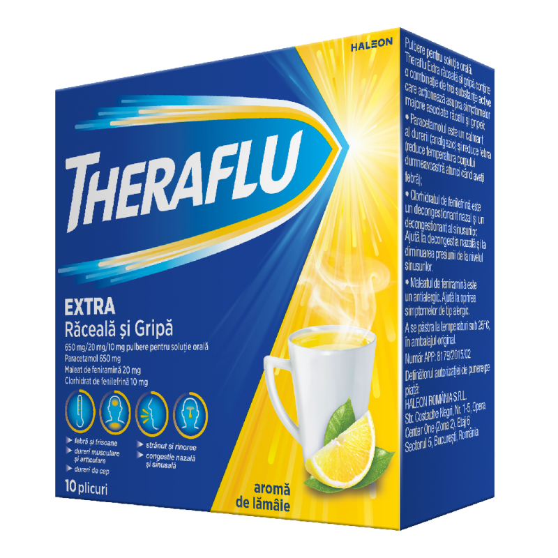 Theraflu Extra raceala si gripa, 650 mg/20 mg/10 mg, 10 plicuri, Haleon