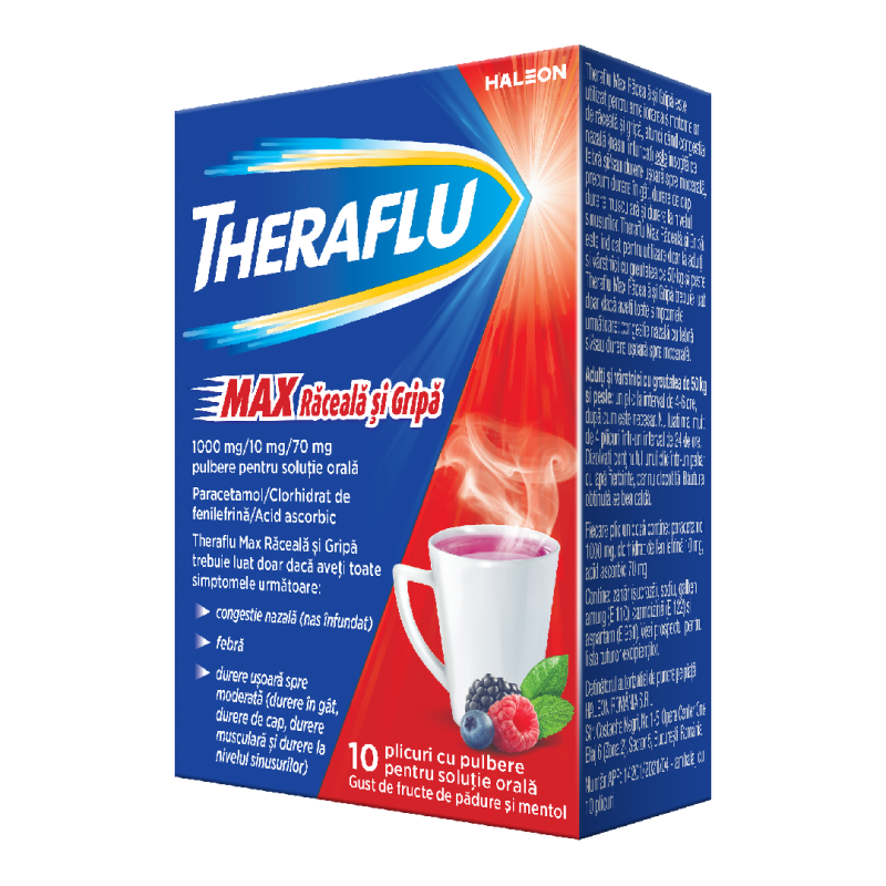 Theraflu Max Raceala si Gripa, 1000 mg/10 mg/70 mg pulbere pentru solutie orala, 10 plicuri, Haleon