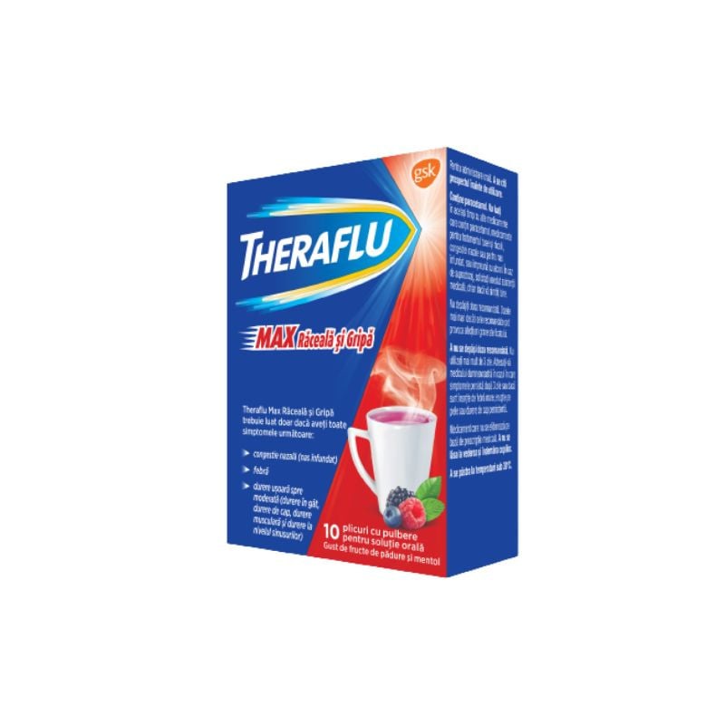 Theraflu Max Raceala si Gripa cu aroma de fructe de padure si mentol, 10 plicuri, GSK