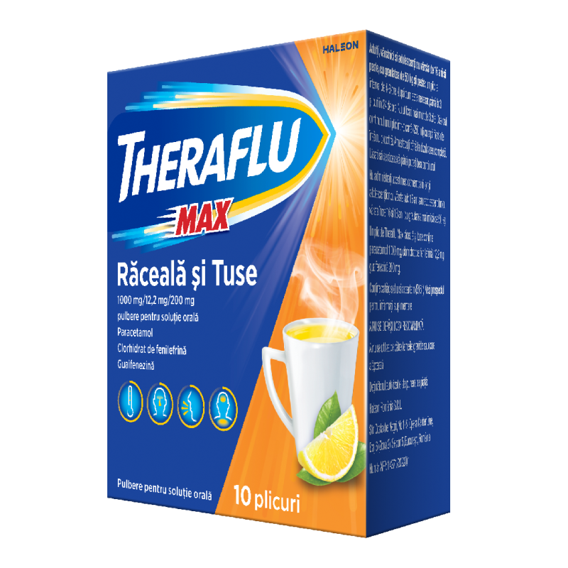 Theraflu Max raceala si tuse, 1000 mg/12,2 mg/200 mg, 10 plicuri, Haleon