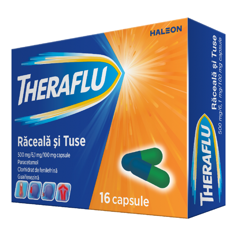 Theraflu raceala si tuse, 500 mg/6,1 mg/100 mg, 16 capsule, Haleon
