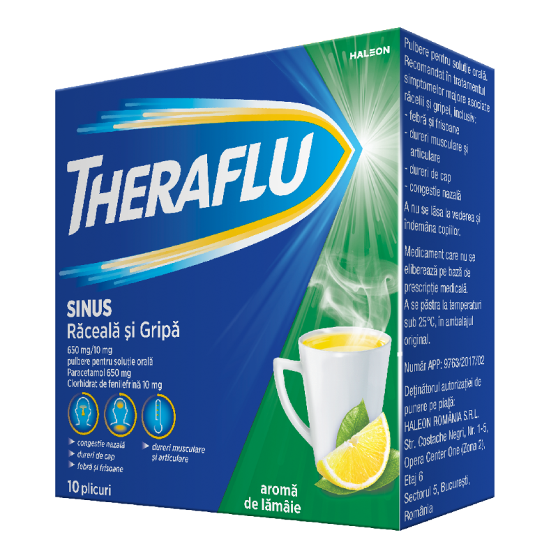 Theraflu Sinus raceala si gripa, 650mg/10mg, 10 plicuri, Haleon