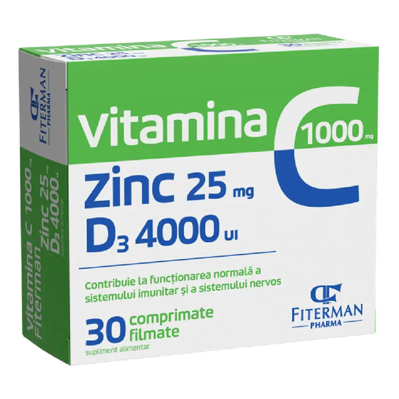 Vitamina C 1000 mg + Zn 25 mg + D3 4000UI, 30 comprimate filmate, Fiterman