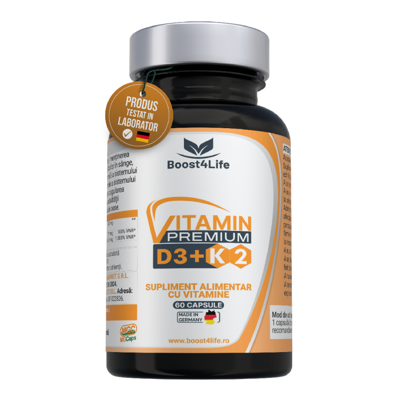 Vitamina D3+K2 Premium (2000 UI), MGCaps®, 60 capsule vegetale, Boost4Life