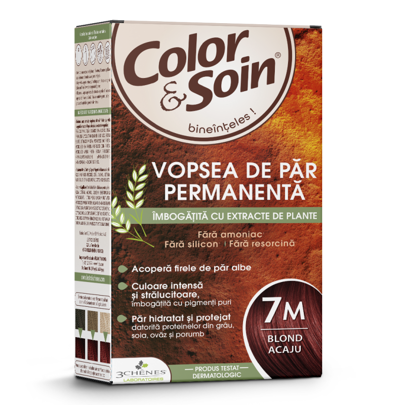 Vopsea de par fara amoniac, fara silicon, blond acaju, 7M, Color & Soin
