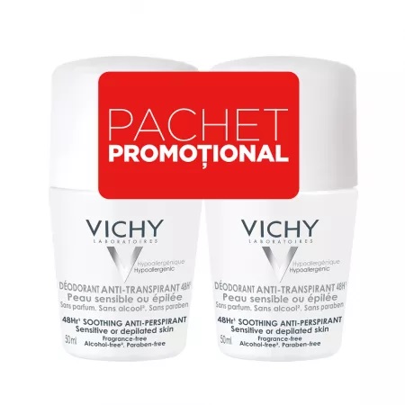 Pachet Deodorant Roll-on Antiperspirant Fara Parfum 48h, 50 Ml, Vichy, 1+1-50%