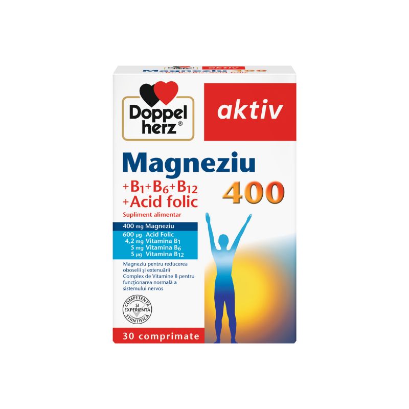 Magneziu 400+B1+B6+B12+Acid Folic, 30 comprimate, Doppelherz 400+B1+B6+B12+Acid