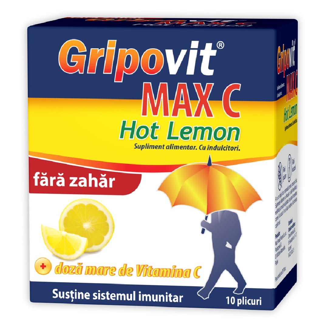 Gripovit Max C Hot Lemon fara zahar, 10 plicuri, Zdrovit