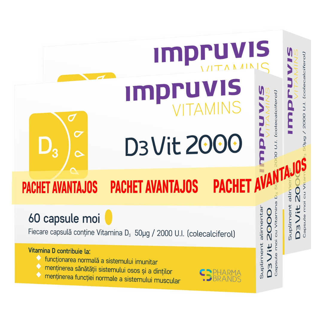 Pachet Vitamina D3 2000 U.I. D3Vit, 2*60 capsule moi, Impruvis