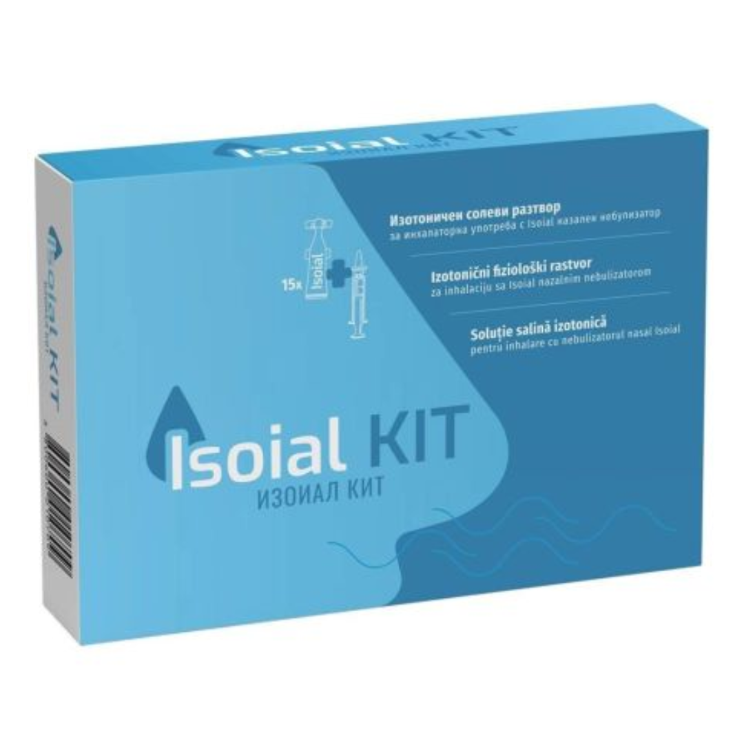 Kit solutie salina pentru nas infundat + nebulizator nazal, 15 flacoane*5 ml, Isoial