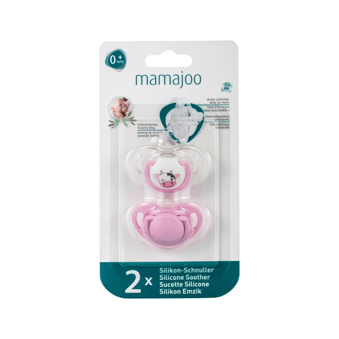Suzete cu design ortodontic din silicon, Vacuta roz, 0m+, 2 bucati, Mamajoo 