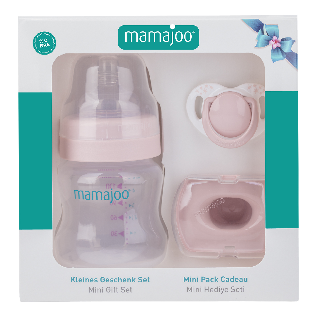 Set roz pudrat, biberon*150ml, suzeta si cutie de depozitare, Mamajoo