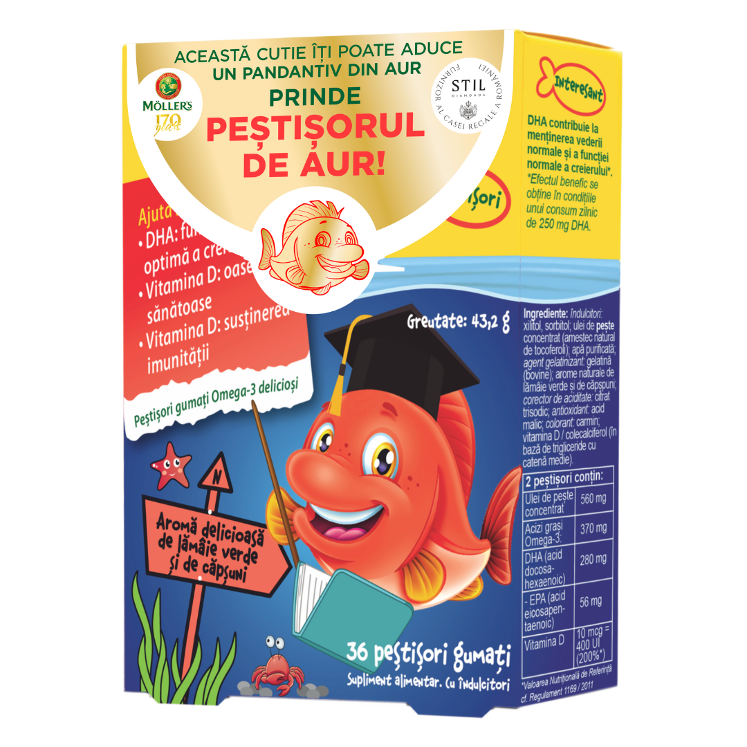 Pestisori gumati cu Omega 3 si aroma de lamaie verde si capsuni, 36 jeleuri, Moller\'s