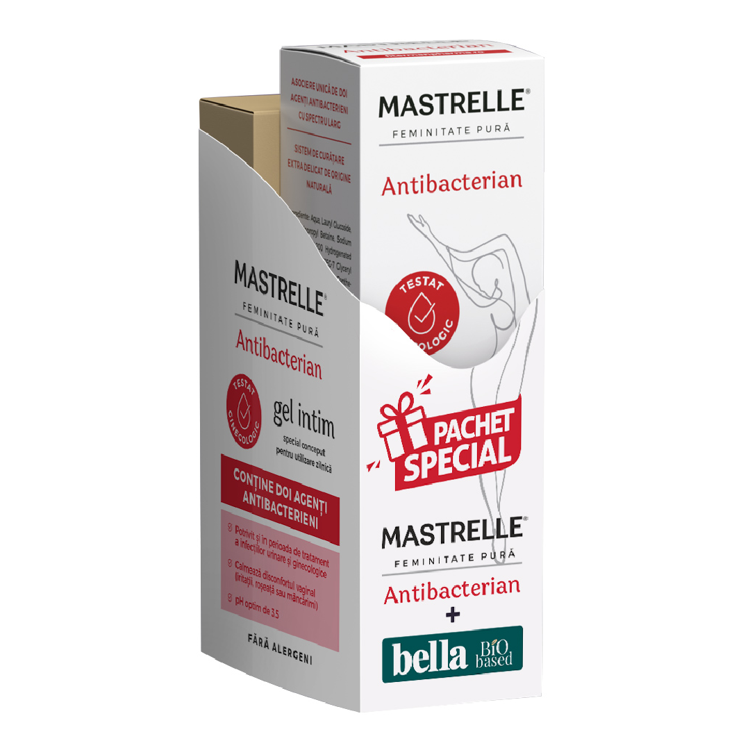 Pachet Mastrelle gel intim antibacterian, 200 ml + Absorbante igienice Bella Bio based normal, 28 bucati, Fiterman Pharma