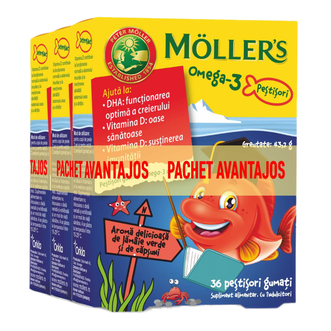 Pachet 3 bucati * Moller s Omega-3, 36 pestisori gumati aroma capsuni