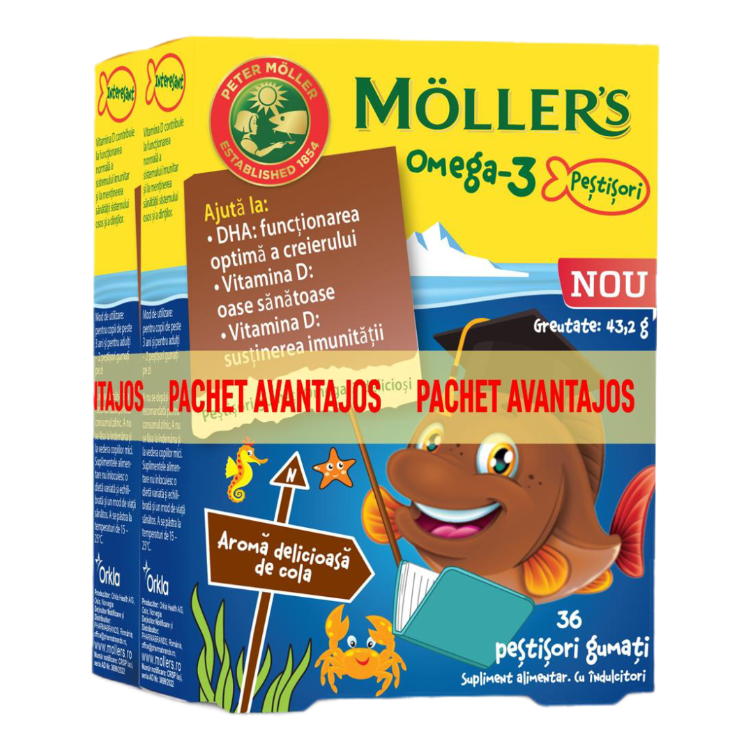 Pachet 2 bucati * Moller s Omega-3, 36 pestisori gumati aroma cola