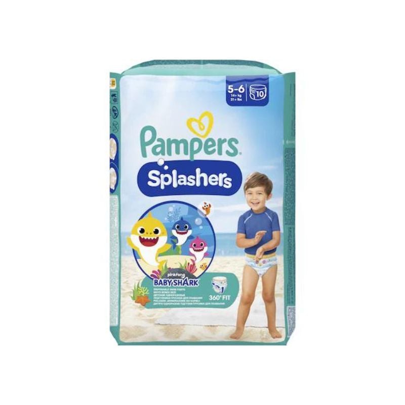 Scutece chilotel pentru apa Splashers Baby Shark, Marimea 5-6, 14+ kg, 10 bucati, Pampers